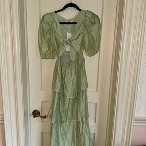 WAYF Sage Green Puff Sleeve Midi Dress (NWT)